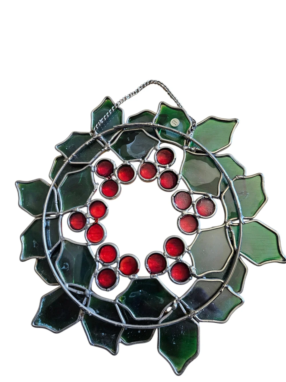 Vintage Stained Glass Holly Wreath Suncatcher Christmas Window Hanging 9in Taiwa